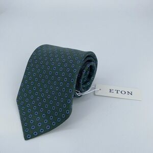 Eton Tie Mens One Size Green Blue Patterned Silk Classic Necktie Italy Made NWT